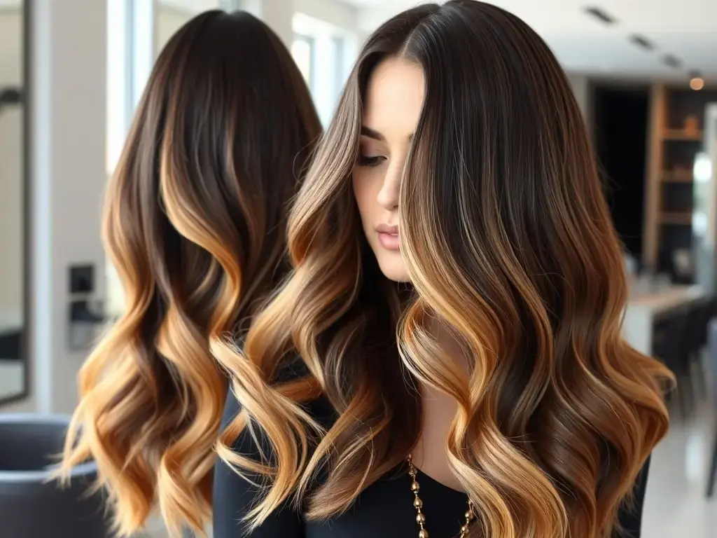 A close-up shot of a woman with long, wavy hair showcasing a perfectly blended balayage, transitioning from dark roots to light blonde ends, styled in a modern, luxurious salon setting.