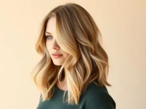 A woman smiling confidently, showing off her balayage hair in a casual, everyday setting, highlighting the low-maintenance aspect and natural-looking blend of the color.