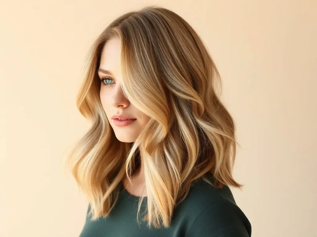 A woman smiling confidently, showing off her balayage hair in a casual, everyday setting, highlighting the low-maintenance aspect and natural-looking blend of the color.