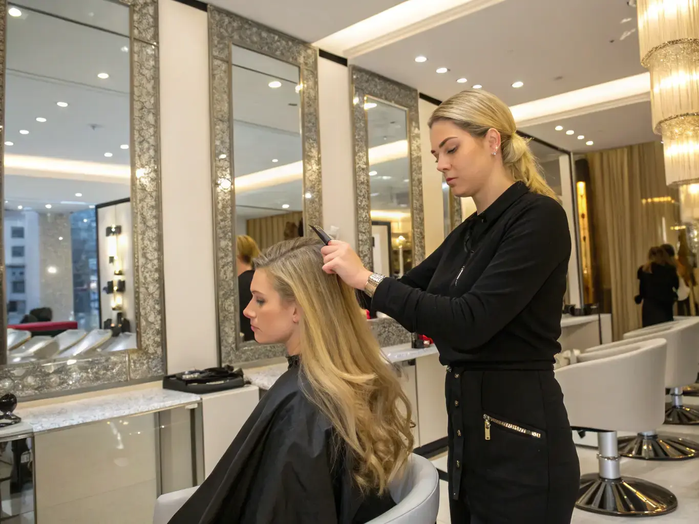 A stylist at Harlow Beauty and Hair Salon carefully applying balayage highlights to a client's hair, showcasing the precision and artistry involved in creating a seamless blend.