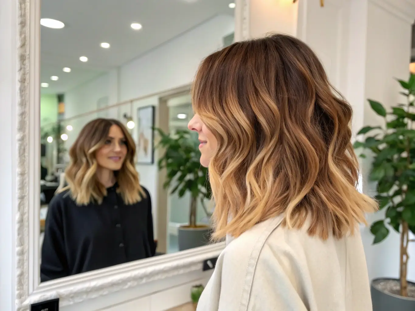A woman with long, flowing hair featuring expertly applied highlights, with a mix of warm and cool tones that add brightness and texture to her overall look, styled straight to showcase the precision of the highlights, in a bright salon environment.