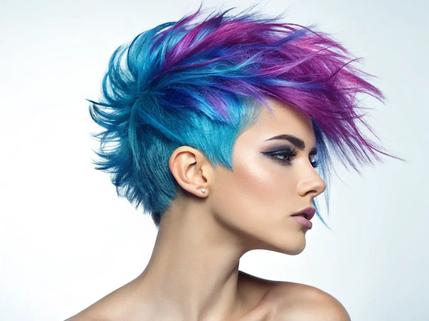 A model with vibrant, fashion-forward hair color, featuring a bold and unique shade of electric blue, styled in a modern, edgy cut to showcase the color's intensity and vibrancy, in a studio setting with professional lighting.