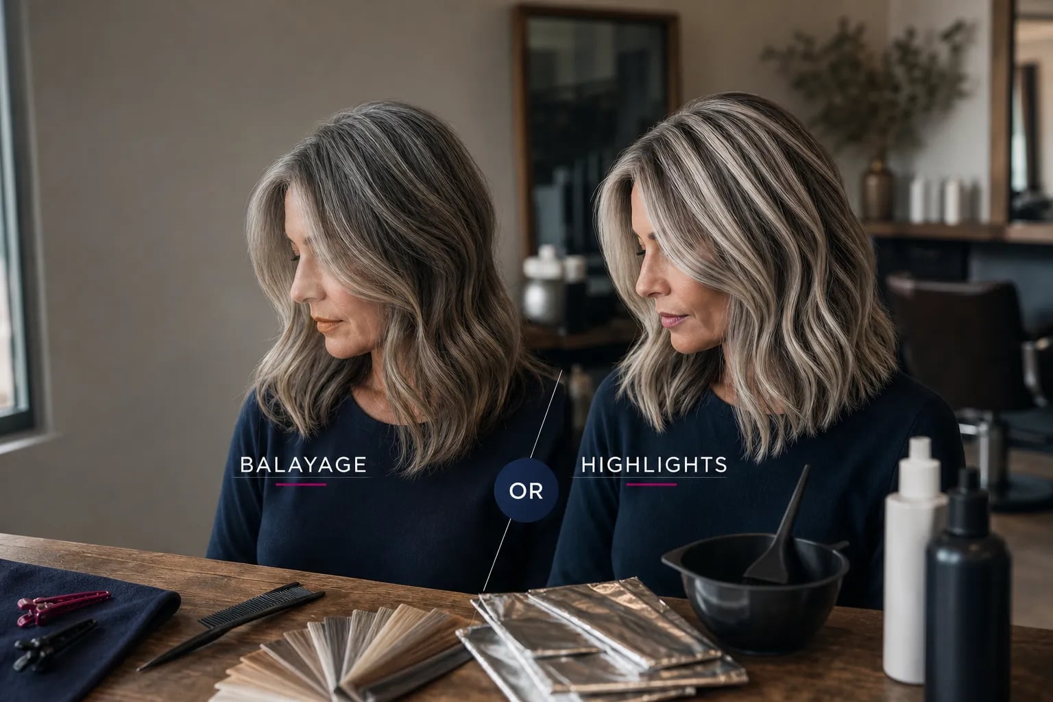 Balayage or highlights which blends gray hair best | Harlow Beauty & Hair Salon, North Austin TX